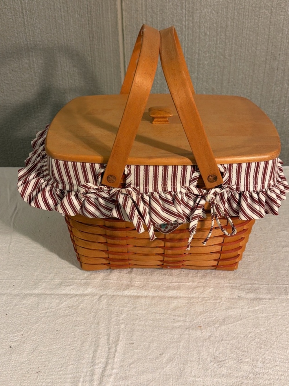 Longaberger Woven Picnic Basket Handbag with Red Stripe Liner